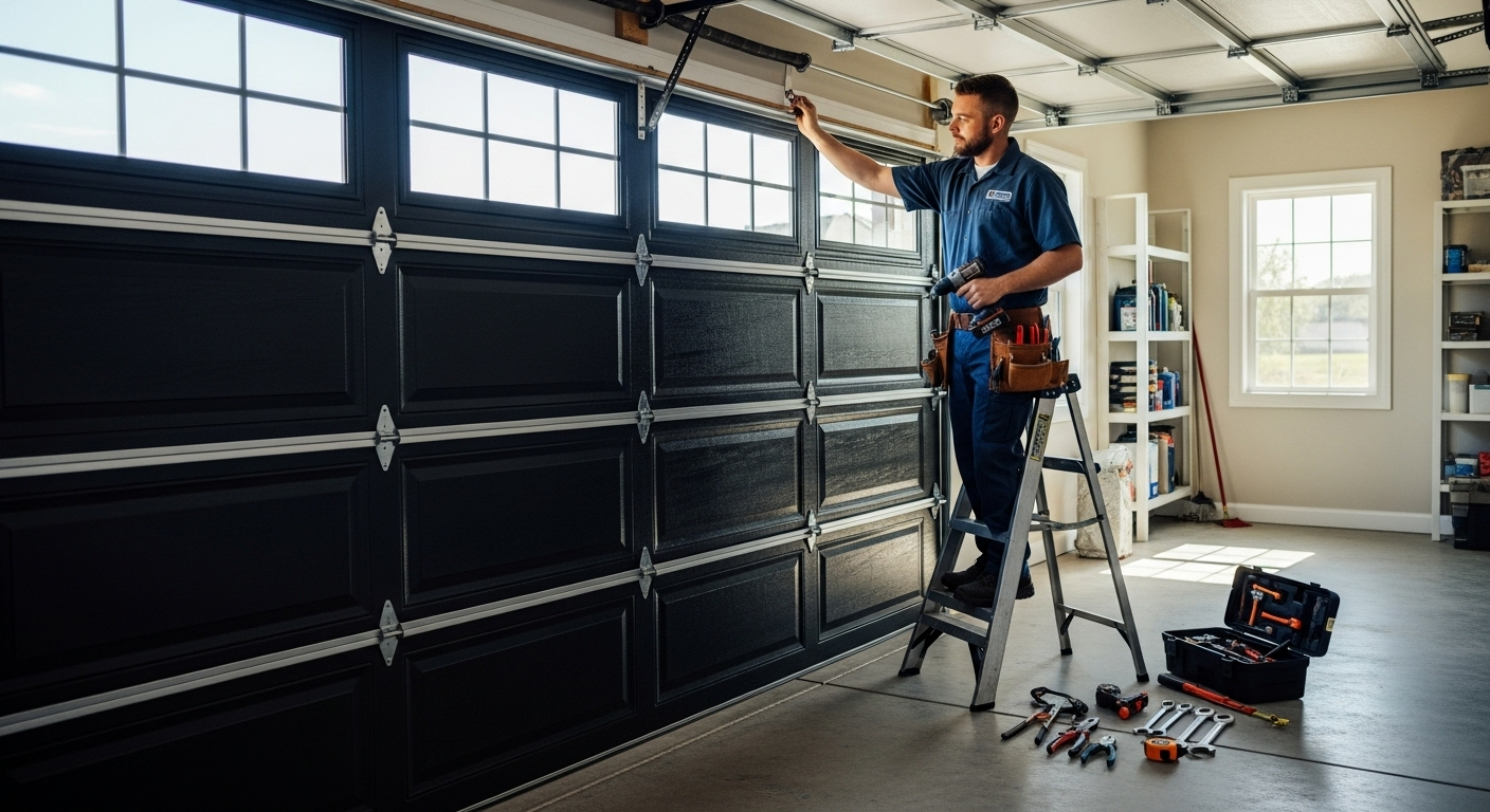 Professional garage door installation with premium wood finish